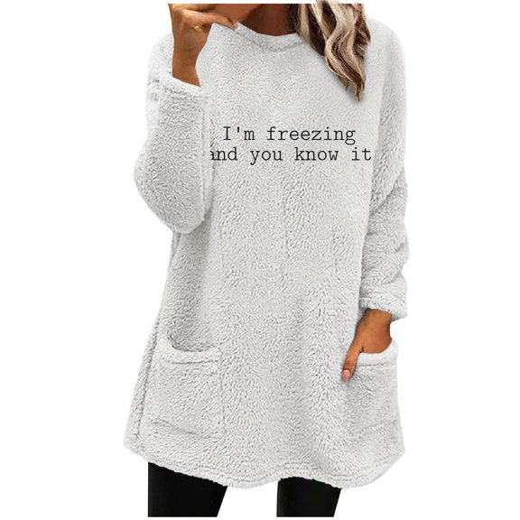 WREESH Womens Fashion Sweatshirt Fuzzy Fleece Crewneck Sweatshirt Print Pullover Plus Size Long Sleeve Tops Round- Neck And Winter Loose Pocket Warm Blouse Tops White