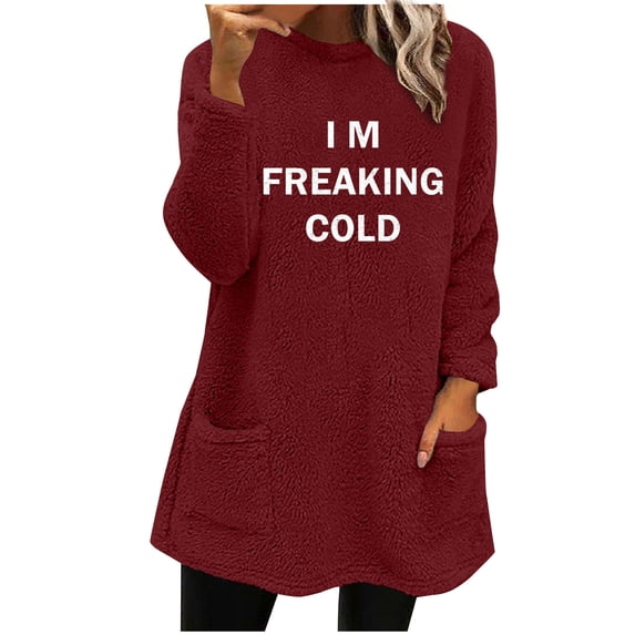 WREESH Womens Fashion Sweatshirt Fuzzy Fleece Crewneck Sweatshirt Print Pullover Plus Size Long Sleeve Tops Round- Neck And Winter Loose Pocket Warm Blouse Tops Wine