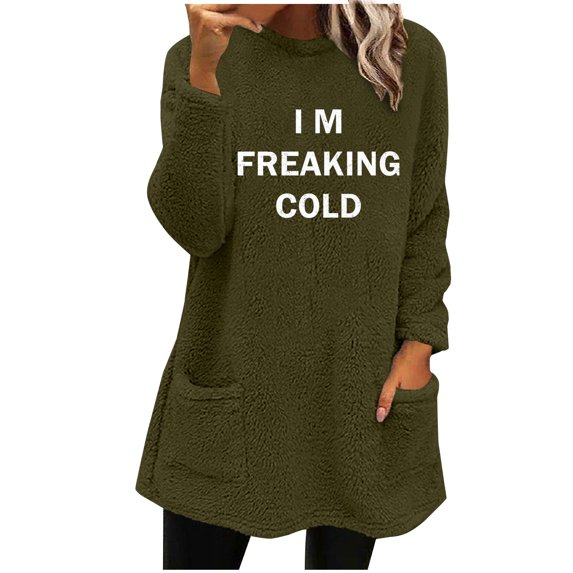 WREESH Womens Fashion Sweatshirt Fuzzy Fleece Crewneck Sweatshirt Print Pullover Plus Size Long Sleeve Tops Round- Neck And Winter Loose Pocket Warm Blouse Tops Olive Green
