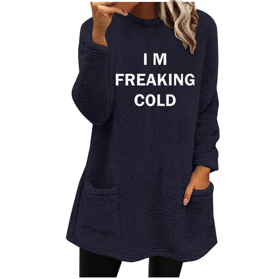 WREESH Womens Fashion Sweatshirt Fuzzy Fleece Crewneck Sweatshirt Print Pullover Plus Size Long Sleeve Tops Round- Neck And Winter Loose Pocket Warm Blouse Tops Navy