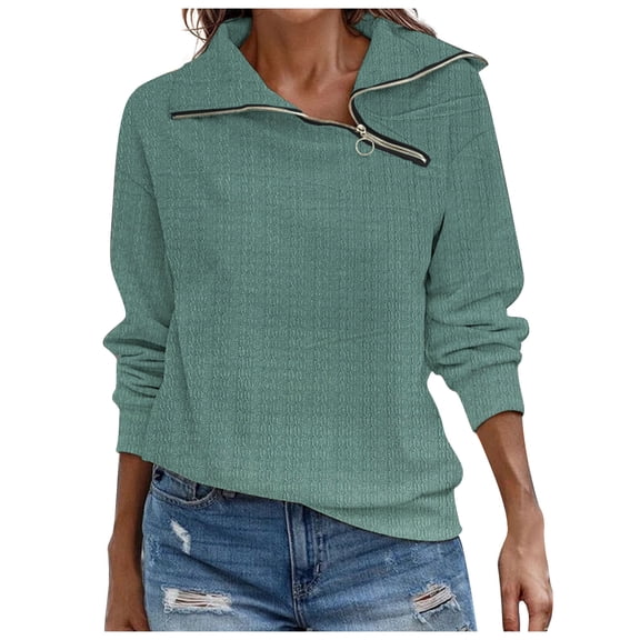 WREESH Womens Fashion Sweatshirt Quarter Zip Pullover Casual Lapel Solid Color Pullover Loose Fit Long Sleeve Tops Spring New Retro Casual Neck Zipper Sweater Plaid Pullover Sweater Top Green