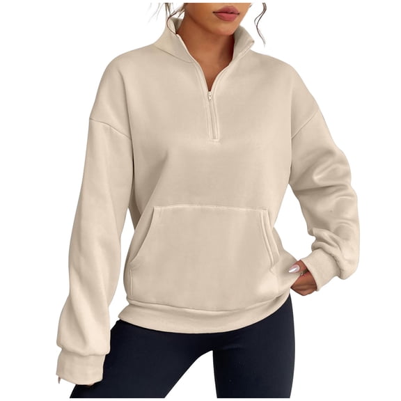 WREESH Womens Fashion Sweatshirt Quarter Zip Pullover Casual Stand Collar Solid Color Pullover Loose Fit Long Sleeve Tops Zipper Stitching Pocket High Neck Sweater Khaki