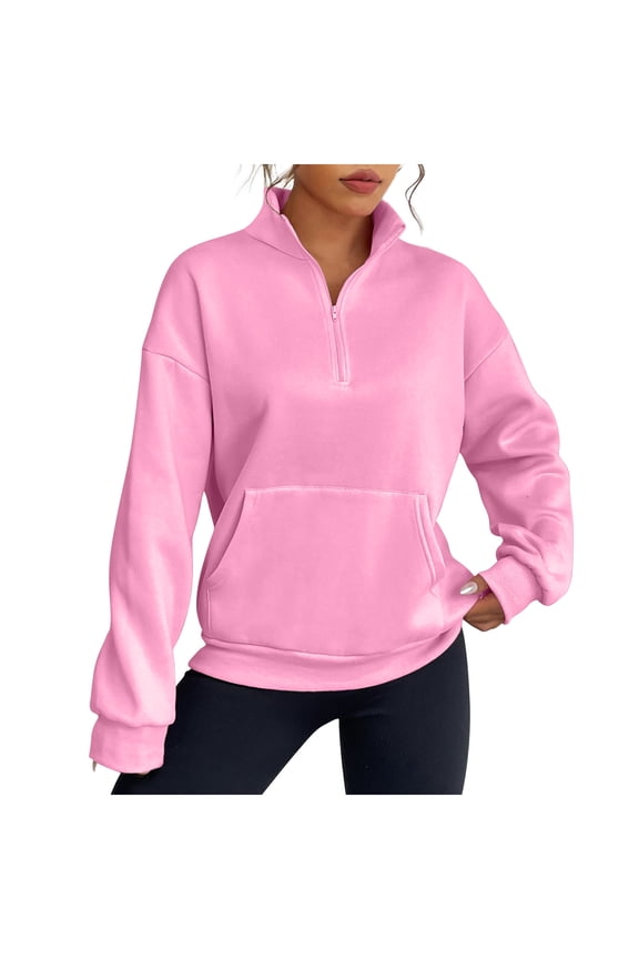 Womens Fashion Sweatshirt Quarter Zip Pullover Casual Stand Collar Solid Color Pullover Loose Fit Long Sleeve Tops Zipper Stitching Pocket High Neck Sweater Pink