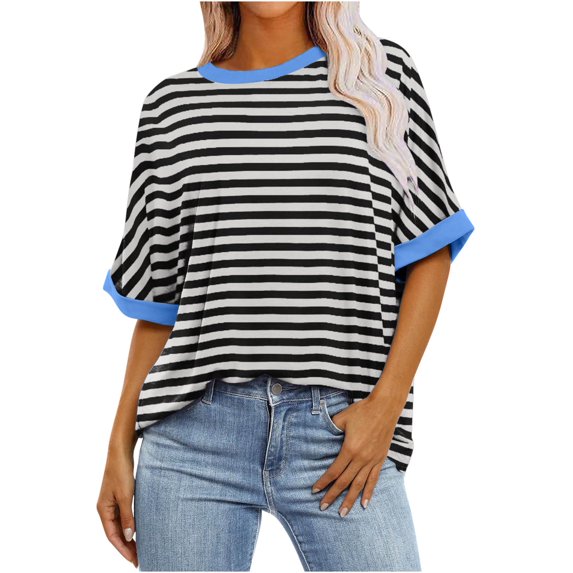 WREESH Womens Fashion T-Shirts Casual Comfortable Print Round- Neck Short Sleeved Top Blouse T-Shirt Black