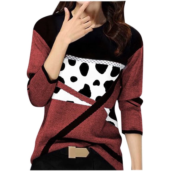 WREESH Womens Fashion T-Shirts Casual Geometry Printed T-Shirt Long Sleeve Blouse Round Neck Casual Tops Pullover Wine