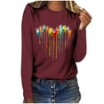 thumbnail image 1 of WREESH Womens Fashion T-Shirts Casual Long Sleeve Printed Round Neck Loose T-Shirt Blouse Tops Pullover Wine, 1 of 5