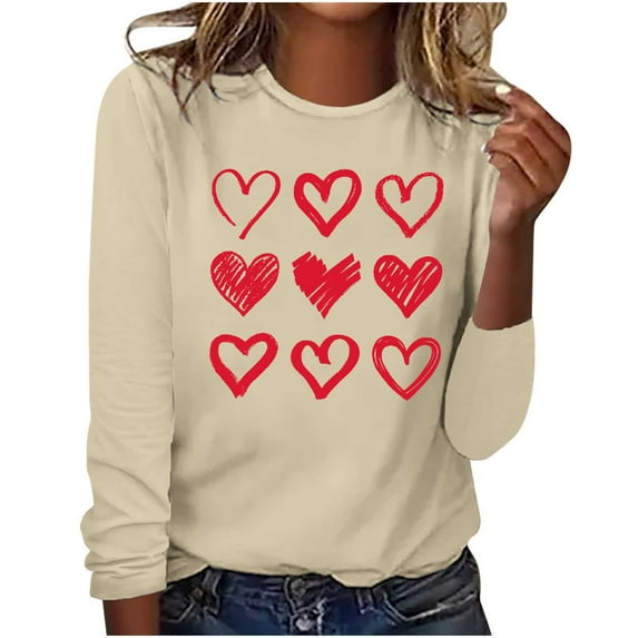 WREESH Womens Fashion T-Shirts Casual Long Sleeve Printing Round Neck Loose Blouse Tops Pullover Khaki