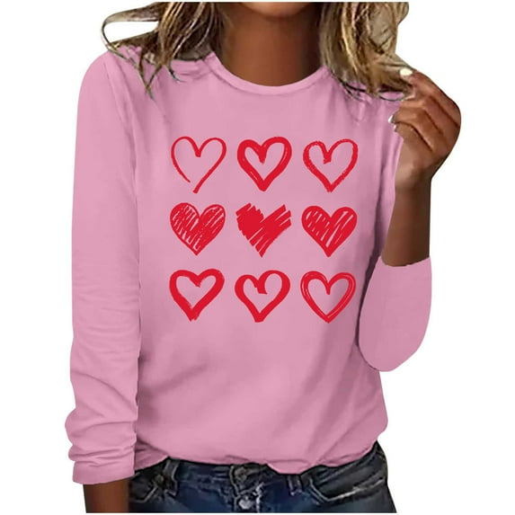 WREESH Womens Fashion T-Shirts Casual Long Sleeve Printing Round Neck Loose Blouse Tops Pullover Pink