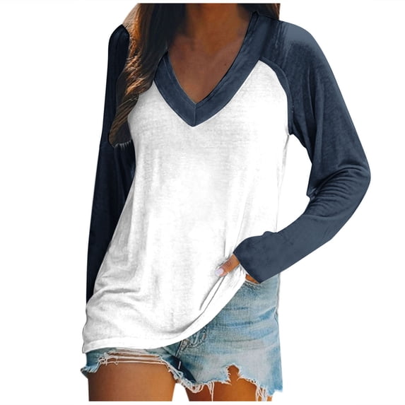 WREESH Womens Fashion T-Shirts Casual V Neck Color Block Pullover Top Loose Fit Raglan Long Sleeve Tops Ladies Loose Tops Casual Patchwork T-Shirts Blouse Dark Blue