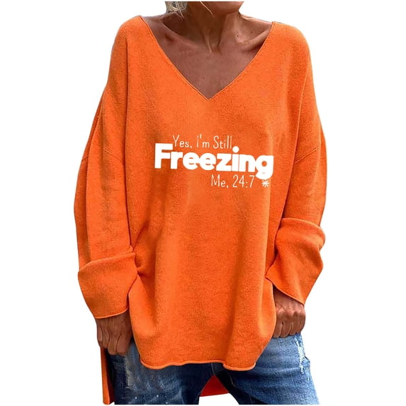 WREESH Womens Fashion T-Shirts Casual V Neck Print Pullover Loose Fit Long Sleeve Tops Casual Tops Blouse T-Shirt Orange