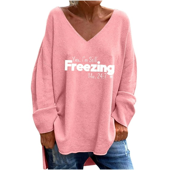 WREESH Womens Fashion T-Shirts Casual V Neck Print Pullover Loose Fit Long Sleeve Tops Casual Tops Blouse T-Shirt Pink