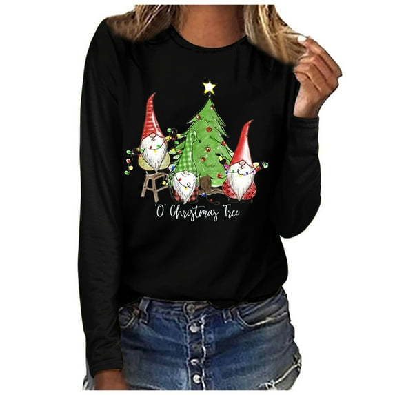 WREESH Womens Fashion T-Shirts Christmas Shirts Crewneck Print Pullover Regular Fit Long Sleeve Tops Loose T-Shirt Blouse Casual Tops Black