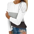 thumbnail image 1 of WREESH Womens Fashion T-Shirts Color Block Casual Round-Neck Lace Hollow Out Long Sleeve Pullover Slimming Blouse T-Shirt Tops Bronze, 1 of 5