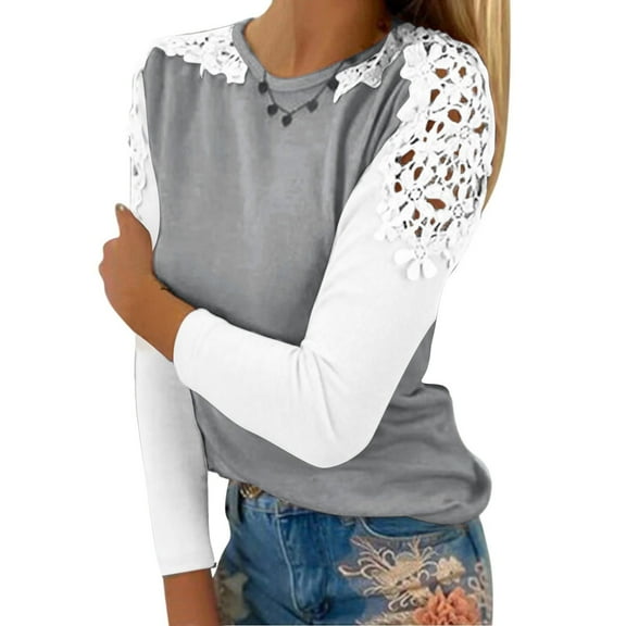 WREESH Womens Fashion T-Shirts Color Block Casual Round-Neck Lace Hollow Out Long Sleeve Pullover Slimming Blouse T-Shirt Tops Gray