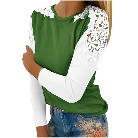 WREESH Womens Fashion T-Shirts Color Block Casual Round-Neck Lace Hollow Out Long Sleeve Pullover Slimming Blouse T-Shirt Tops Green