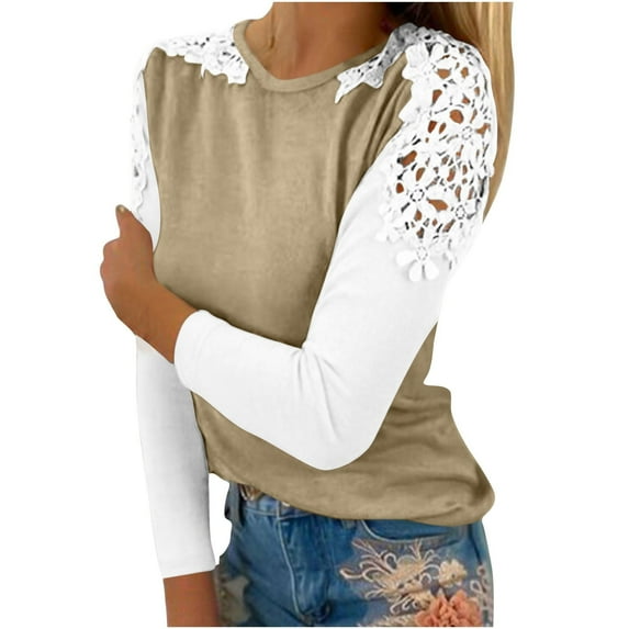 WREESH Womens Fashion T-Shirts Color Block Casual Round-Neck Lace Hollow Out Long Sleeve Pullover Slimming Blouse T-Shirt Tops Khaki