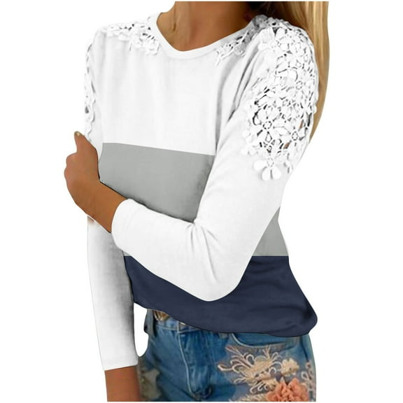 WREESH Womens Fashion T-Shirts Color Block Casual Round-Neck Lace Hollow Out Long Sleeve Pullover Slimming Blouse T-Shirt Tops Navy