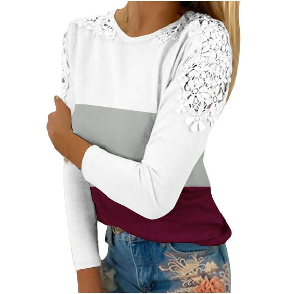 WREESH Womens Fashion T-Shirts Color Block Casual Round-Neck Lace Hollow Out Long Sleeve Pullover Slimming Blouse T-Shirt Tops Wine