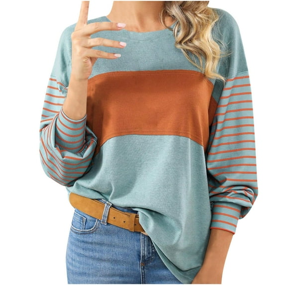 WREESH Womens Fashion T-Shirts Color Block Spring And Fall Pullover Long Sleeve Round-Neck Blouse Tops Pullover Green