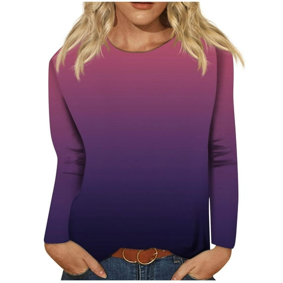 WREESH Womens Fashion T-Shirts Gradient Loose T-Shirt Long Sleeves Blouse Round Neck Casual Tops Pullover Purple