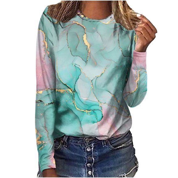 WREESH Womens Fashion T-Shirts Ladies Round Neck Loose Tops Casual Print T-Shirts Long Sleeve Blouse Pullover Green