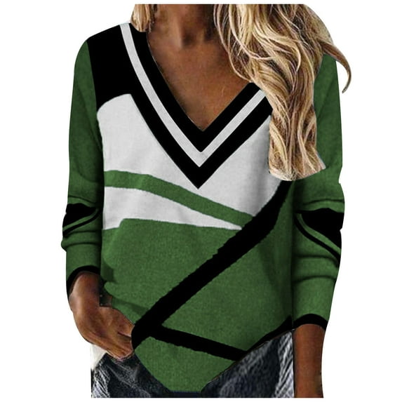 WREESH Womens Fashion T-Shirts Loose Spring Fall Patchwork Printed Long Sleeve V-Neck Casual Tee Tops T-Shirt Pullover Green