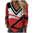 thumbnail image 1 of WREESH Womens Fashion T-Shirts Loose Spring Fall Patchwork Printed Long Sleeve V-Neck Casual Tee Tops T-Shirt Pullover Watermelon Red, 1 of 5