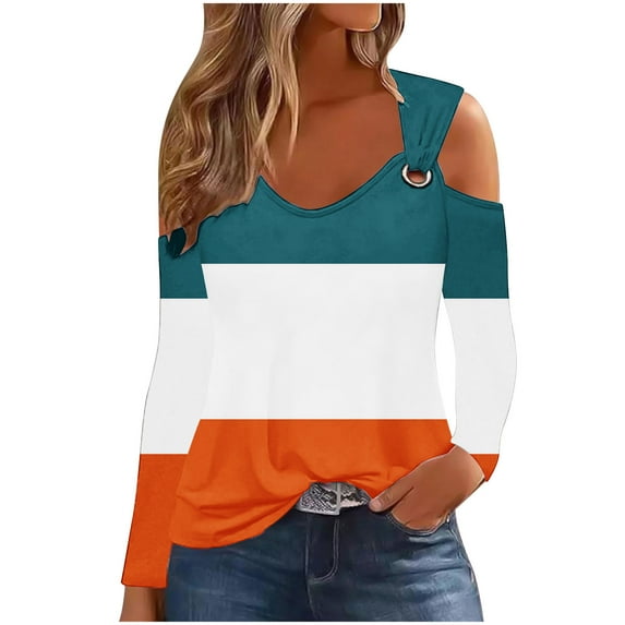 WREESH Womens Fashion T-Shirts Off The Shoulder Top Print Pullover Regular Fit Cold Shoulder Tops Long Sleeve Tops Casual Drop Shoulder Pullover Top Top/Shirt Blue