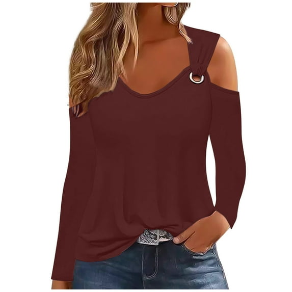 WREESH Womens Fashion T-Shirts Off The Shoulder Top Solid Color Pullover Regular Fit Cold Shoulder Tops Long Sleeve Tops Casual Off Shoulder Pullover Top Top/Shirt Brown