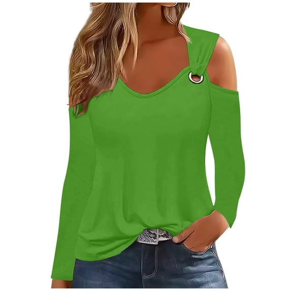 WREESH Womens Fashion T-Shirts Off The Shoulder Top Solid Color Pullover Regular Fit Cold Shoulder Tops Long Sleeve Tops Casual Off Shoulder Pullover Top Top/Shirt Green