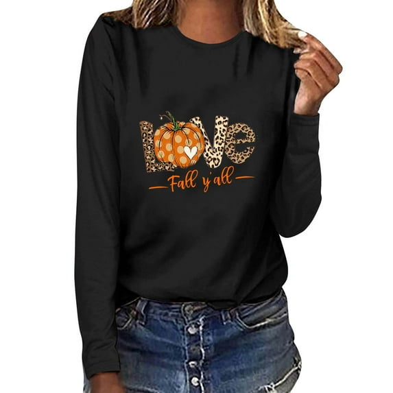 WREESH Womens Fashion T-Shirts Printed Casual Loose Round Neck Long Sleeve T-Shirt Tops Blouse Pullover Black