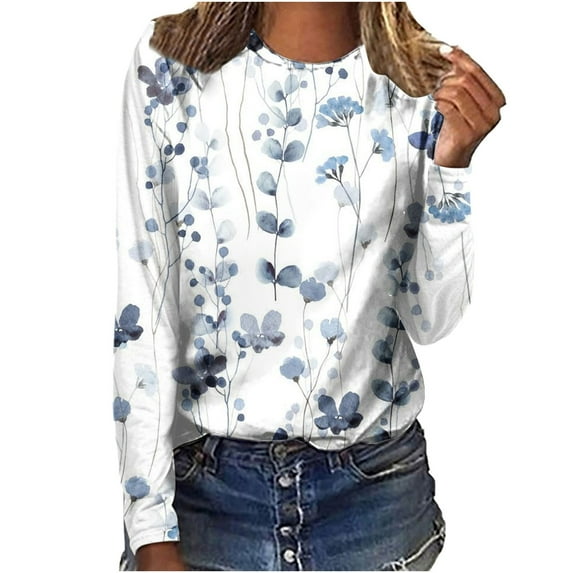 WREESH Womens Fashion T-Shirts Round Neck Loose Tops Casual Print T-Shirts Long Sleeve Blouse Pullover Navy