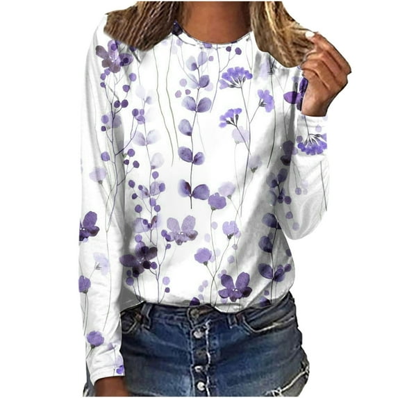 WREESH Womens Fashion T-Shirts Round Neck Loose Tops Casual Print T-Shirts Long Sleeve Blouse Pullover Purple