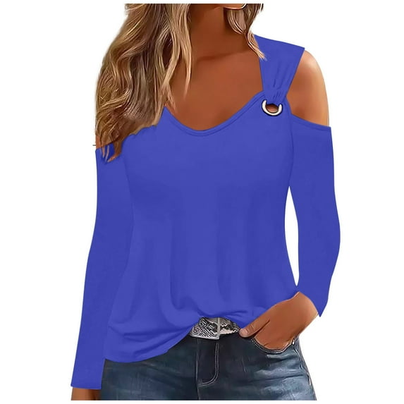 WREESH Womens Fashion T-Shirts Off The Shoulder Top Solid Color Pullover Regular Fit Cold Shoulder Tops Long Sleeve Tops Casual Off Shoulder Pullover Top Top/Shirt Blue