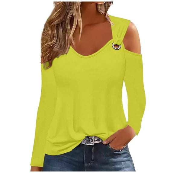 WREESH Womens Fashion T-Shirts Off The Shoulder Top Solid Color Pullover Regular Fit Cold Shoulder Tops Long Sleeve Tops Casual Off Shoulder Pullover Top Top/Shirt Yellow