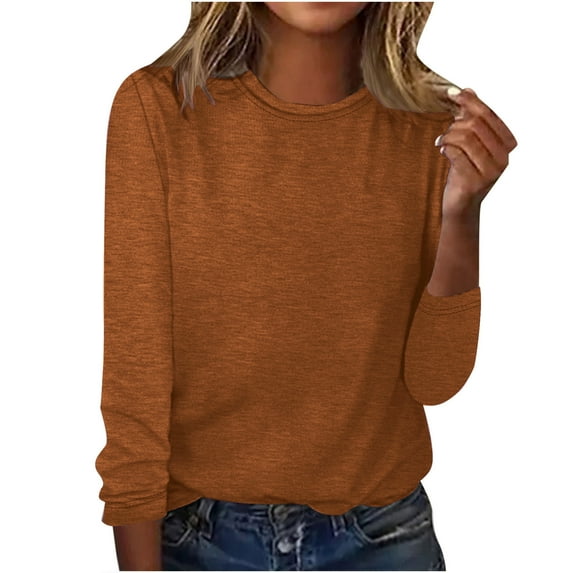 WREESH Womens Fashion T-Shirts Solid Color Casual Long Sleeve Round Neck Loose T-Shirt Blouse Tops Pullover Brown