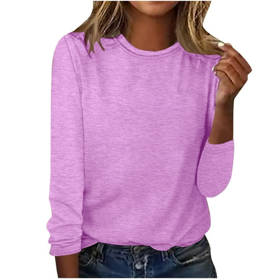 WREESH Womens Fashion T-Shirts Solid Color Casual Long Sleeve Round Neck Loose T-Shirt Blouse Tops Pullover Purple