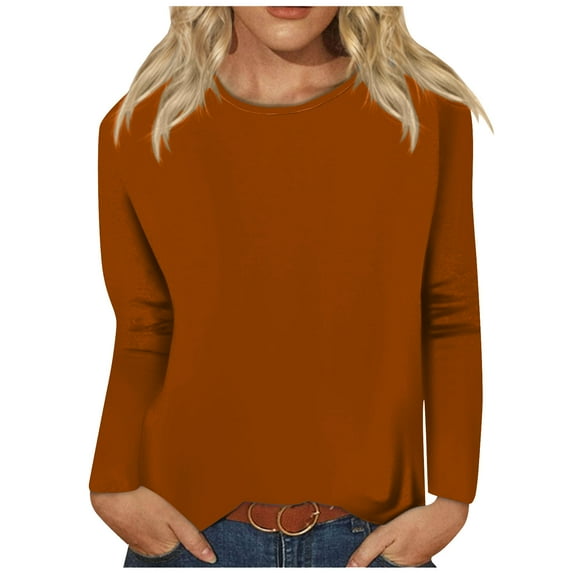 WREESH Womens Fashion T-Shirts Solid Color Comfortable Round-Neck Long Sleeve Casual T-Shirt Blouse Pullover Brown