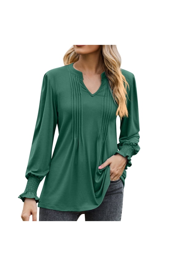 Womens Fashion T-Shirts Solid Color Pull-Up Bubble Sleeve V-Neck Tied Long Sleeved Casual Loose Pullover Green