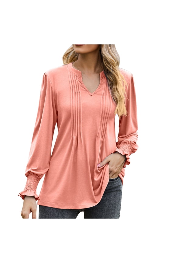 Womens Fashion T-Shirts Solid Color Pull-Up Bubble Sleeve V-Neck Tied Long Sleeved Casual Loose Pullover Pink