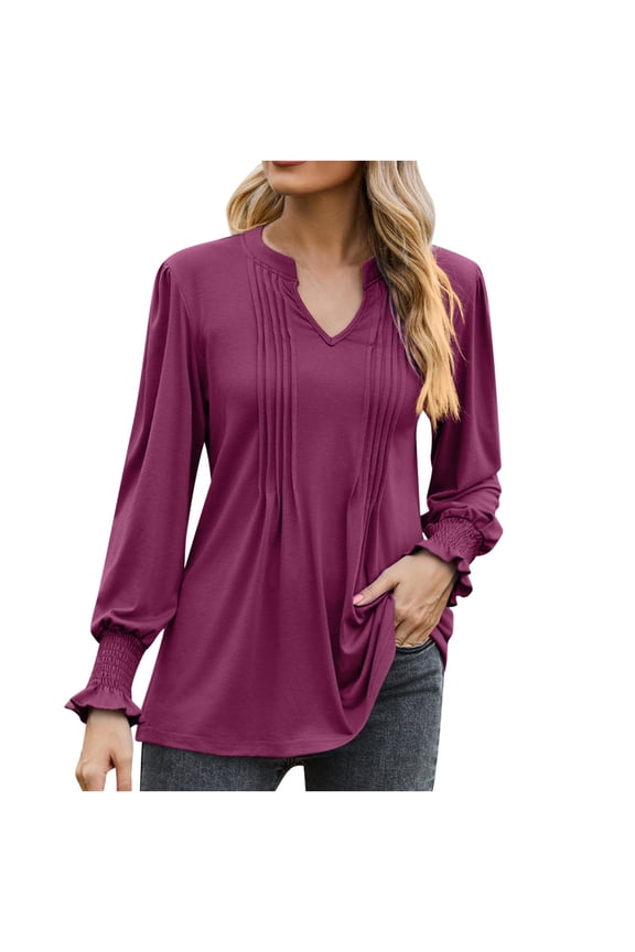 Womens Fashion T-Shirts Solid Color Pull-Up Bubble Sleeve V-Neck Tied Long Sleeved Casual Loose Pullover Wine