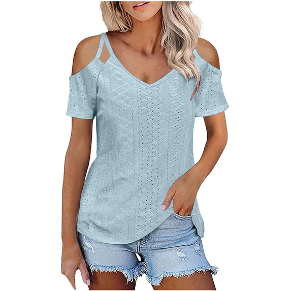 WREESH Womens Fashion T-Shirts Solid Color Summer Short Sleeve Off Shoulder V-Neck Casual Lace Up T-Shirt Pullover Sky Blue