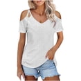 thumbnail image 1 of WREESH Womens Fashion T-Shirts Solid Color Summer Short Sleeve Off Shoulder V-Neck Casual Lace Up T-Shirt Pullover White, 1 of 6