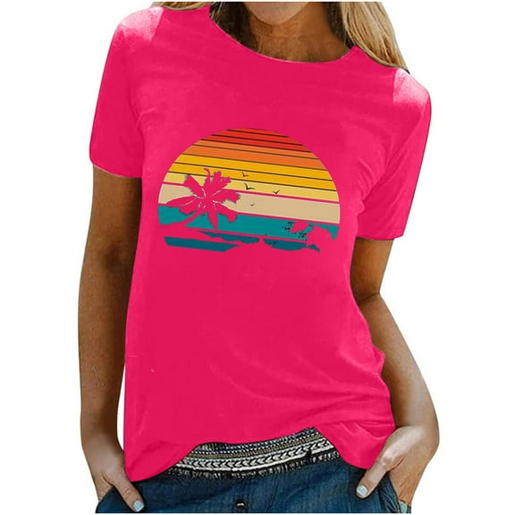 WREESH Womens Fashion T-Shirts Spring Summer Adult Short Sleeve Round Neck Printing Casual Blouse T-Shirt Tops Shirt Pullover Hot Pink