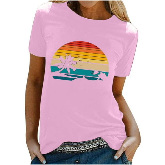 WREESH Womens Fashion T-Shirts Spring Summer Adult Short Sleeve Round Neck Printing Casual Blouse T-Shirt Tops Shirt Pullover Pink