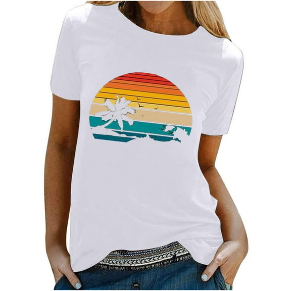 WREESH Womens Fashion T-Shirts Spring Summer Adult Short Sleeve Round Neck Printing Casual Blouse T-Shirt Tops Shirt Pullover White