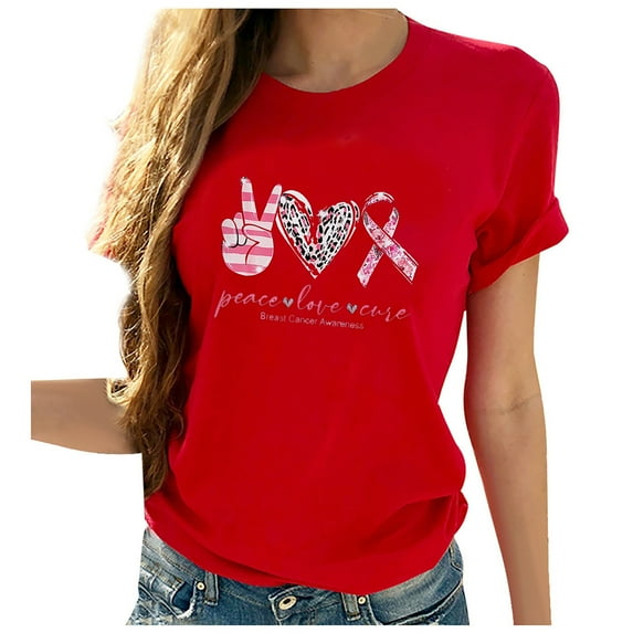 WREESH Womens Fashion T-Shirts Spring Summer Casual Round Neck Printed Short Sleeved T-Shirt Top Pullover Red