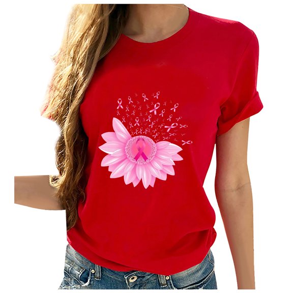 WREESH Womens Fashion T-Shirts Spring Summer Casual Round Neck Printed Short Sleeved T-Shirt Top Pullover Red