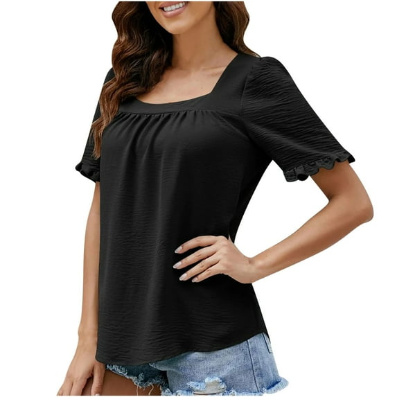 WREESH Womens Fashion T-Shirts Square-Neck Solid Color Summer Neck Short Sleeve Blouses Pullover Black