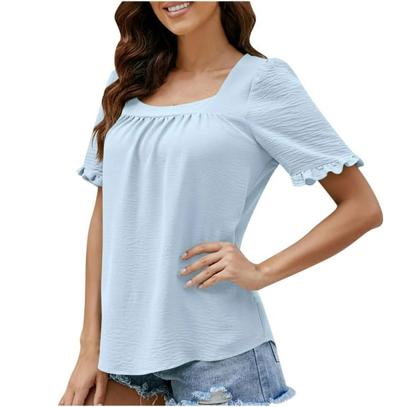 WREESH Womens Fashion T-Shirts Square-Neck Solid Color Summer Neck Short Sleeve Blouses Pullover Light Blue